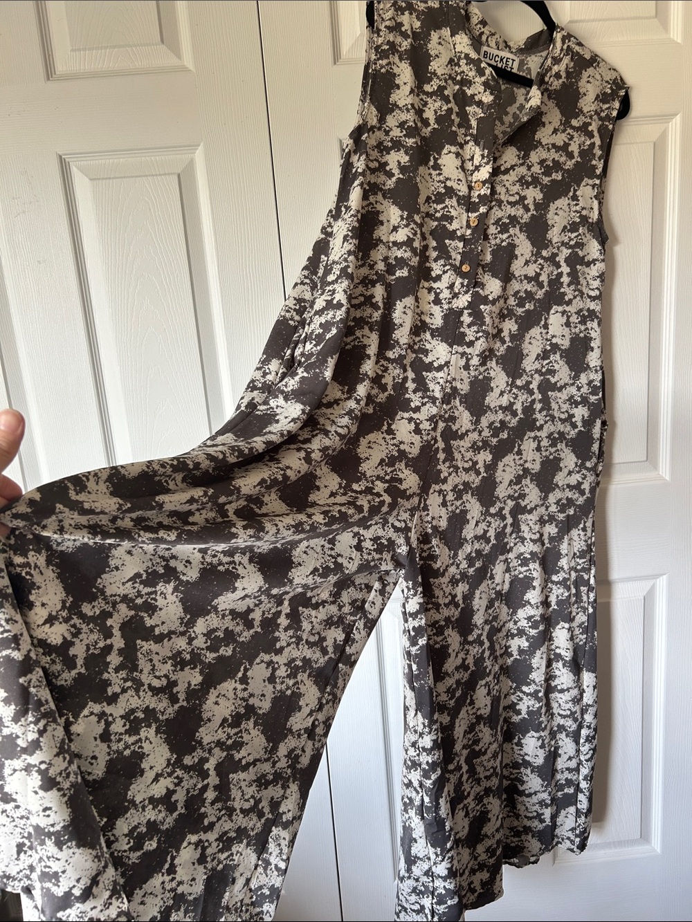 Sleeveless Button-Front Jumpsuit in Grey and Cream Splatter